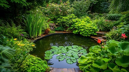 Serene Garden Pond Surrounded By Lush Green Plants
