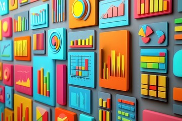 Dynamic infographic display of data visualizations business environment digital art colorful conceptual layout