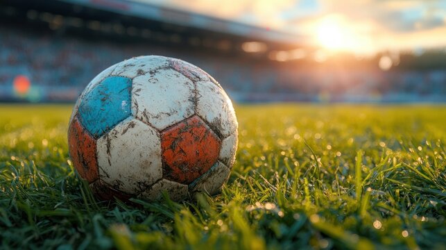 Close-up of Weathered Soccer Ball on Vibrant Green Grass at Sunset