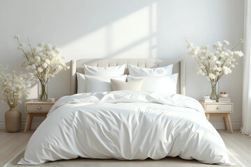 white bed in a bright bedroom decorated with spring flowers