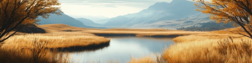 Fototapeta premium Serene Autumn Landscape With River And Mountains