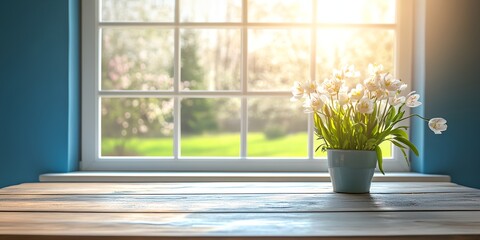 A potted plant sits on a wooden table by a window. The sunlight streaming in through the window illuminates the plant, creating a warm and inviting atmosphere. The plant is surrounded by a blue pot