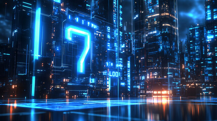 Obraz premium Futuristic Cityscape Digital Number Seven Neon Glows in Tech Metropolis