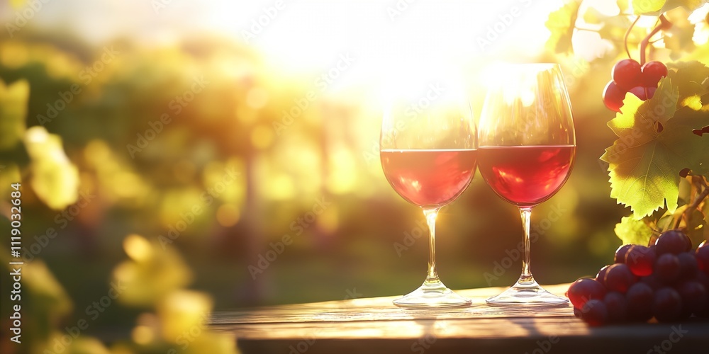 Poster two wine glasses filled with red wine on a table with grapes. the wine glasses are placed next to ea