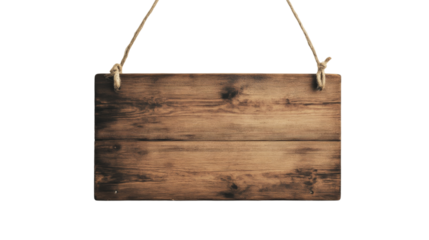 Wooden signboard hanging on rope, rustic decor concept