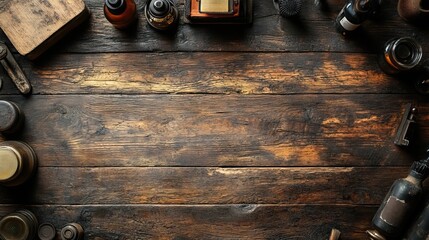 Vintage barber shop tools are arranged aesthetically on a wooden background