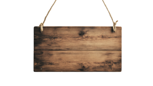 Wooden signboard hanging on rope, rustic decor concept