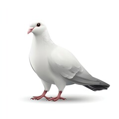 Obraz premium A white pigeon stands on a white background. The bird is looking to the right. The image has a calm and peaceful mood