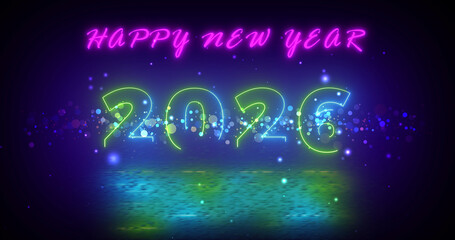 Happy New Year 2026 neon lines particles retro-themed futuristic awe bg. Shiny creative 3d midnight screen animation bg. Excitement celebration of Christmas eve New Year. Elegance with luxury.