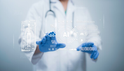 Doctor interacts with advanced AI-driven medical technology, showcasing futuristic diagnostics and health innovation