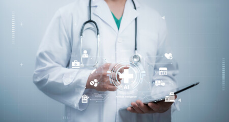 Healthcare professional interacts with futuristic AI medical technology on a tablet, symbolizing...