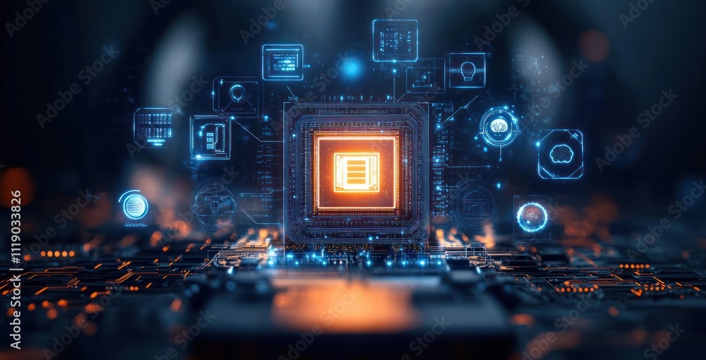 Poster artificial intelligence integration in technology and human interaction with ai chip and holographic