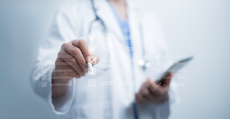 Healthcare professional checks a digital checklist using advanced technology, emphasizing...