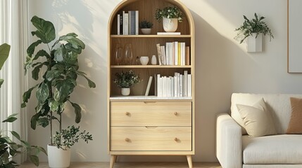 Arched wooden bookcase with drawers in living room.