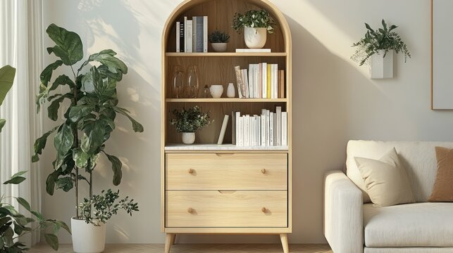 Arched wooden bookcase with drawers in living room.