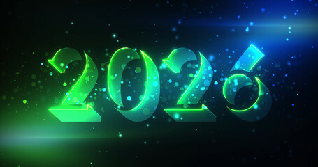 2026 Neon Animation futuristic Happy New Year clip. Achievement Cyber New Year. Christmas eve nightlife nightclub signboard animation bg. Festive elegant awe. Dust particles sparkling luxury retro bg.