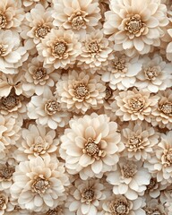 A close-up arrangement of soft beige flowers, creating a textured floral backdrop.