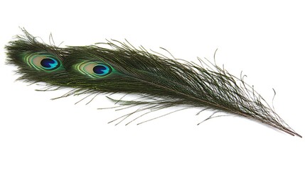 Naklejka premium Single iridescent peacock feather isolated on white background.