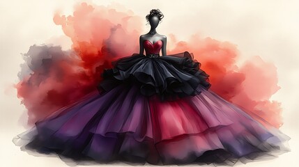 Obraz premium Elegant black and red ball gown on mannequin, watercolor background.