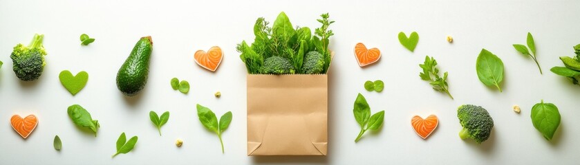 Fresh vegetables and greens in eco-friendly bag kitchen table food photography natural setting top down view healthy eating concept