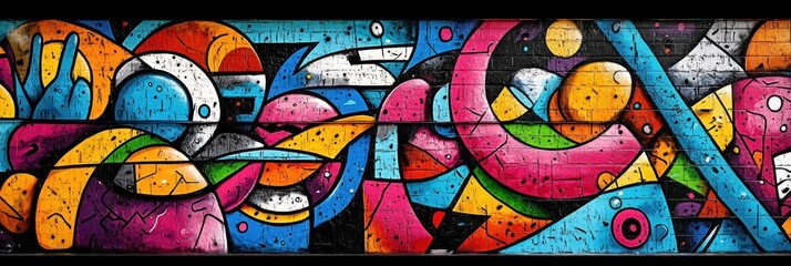 Vibrant street art mural bold colors graffiti dynamic shapes light textures creativity urban...