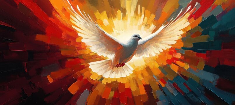 Soaring Dove in Radiant Colors Symbolizing Holy Spirit Power and Conviction