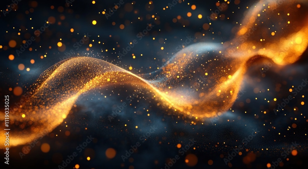 Poster abstract dark background with flowing golden particles and shimmering light in an elegant magical de