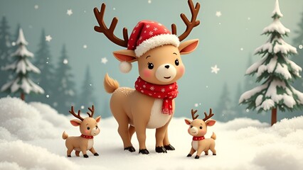 christmas reindeer and santa claus reindeer with christmas tree and snowflakes december merry deer animation cartoon gift background santaclause 