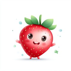 Obraz premium Cute Cartoon Strawberry Character with Happy Expression and Leaves