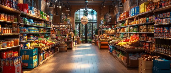 Vibrant Supermarket Aisle Filled with Fresh Produce, Colorful Products, and Exciting Displays for a Dynamic Shopping Experience