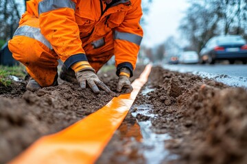 Officer Installing Hazard Tape Around Trench Site