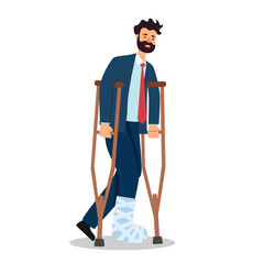 Bone injury or fracture of male patient. Businessman walking with crutches and gypsum on broken leg. Rehabilitation and treatment after accident.