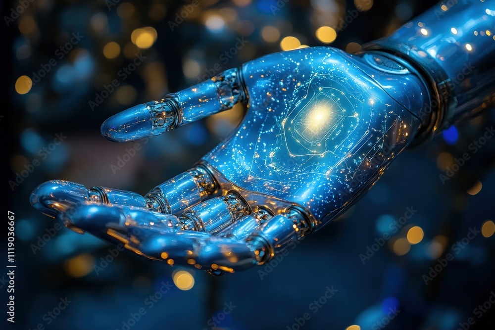 Poster futuristic robotic hand with glowing circuits, close-up detail showcasing advanced technology and ar