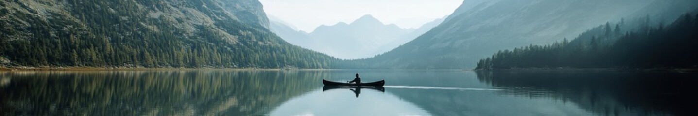 Solitary Canoeist on a Serene Mountain Lake