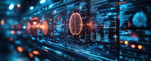 Futuristic Medical Interface with Brain Scans and Data Overlays in Cyberpunk Laboratory Setting