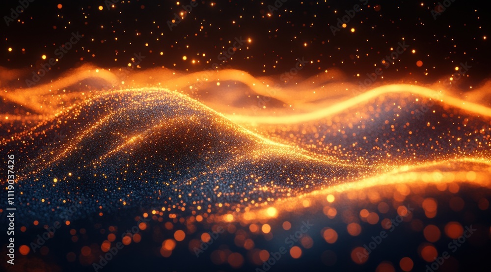 Poster Golden Particles Swirling in Light with Sparkling Bokeh on Dark Background