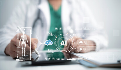 Medical professional analyzes a digital skeleton interface on a tablet, showcasing AI-driven...
