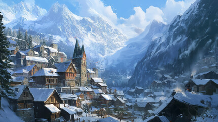Picturesque Snowy Alpine Village with Mountain View