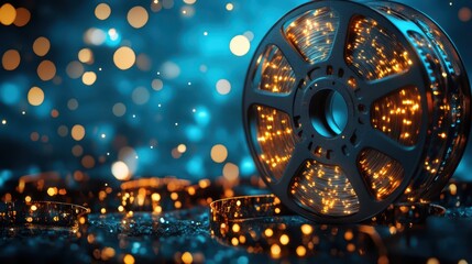 A cinematic film reel unwinds with bright lights and sparkles against a glowing blue background, representing the magic of movies and entertainment industry creativity  - Powered by Adobe