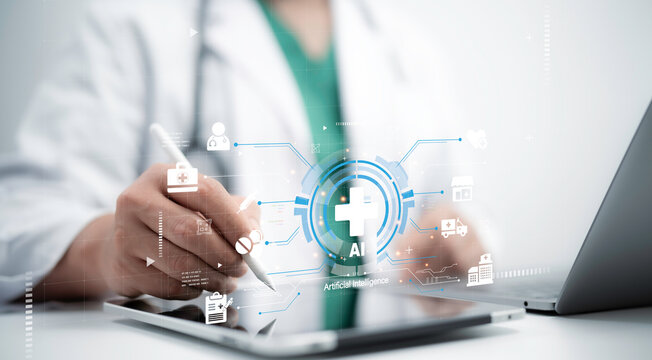 Healthcare professional uses a stylus to interact with a tablet displaying AI-powered medical icons, symbolizing innovation and precision in digital healthcare solutions
