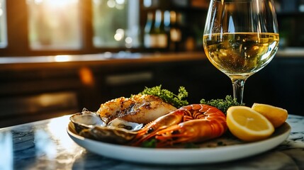 A plate of seafood with a glass of white wine in a cozy setting.