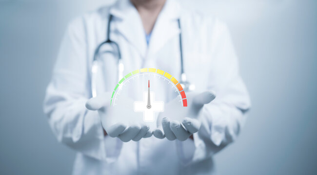 Healthcare professional showcases a health indicator with a glowing meter, symbolizing patient health monitoring, diagnostics, and advanced healthcare systems