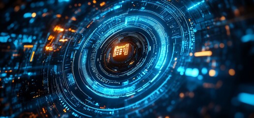 Obraz premium Abstract futuristic technology HUD interface with glowing circular elements and digital data.
