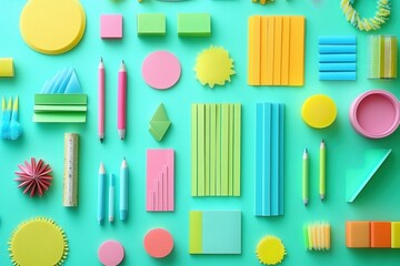 Creative action with colorful stationery on vibrant green background flat lay photography artistic environment modern viewpoint