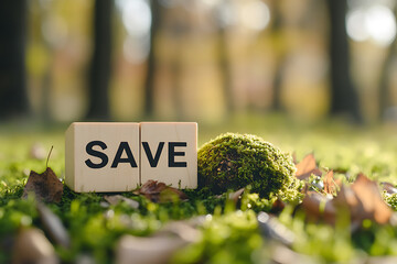 Save Our Planet:  Wooden Blocks Spelling Save Amidst Lush Autumn Moss and Forest Background
