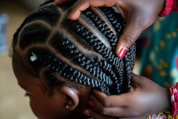 A mother's hand braiding her child's hair