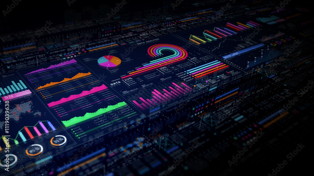 Poster high-tech data interface with graphs, charts, and futuristic visuals. perfect for technology, busine