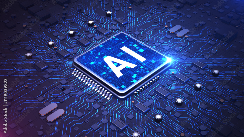 Poster futuristic ai chip with a brain-shaped circuit design glowing on a high-tech blue circuit board, art