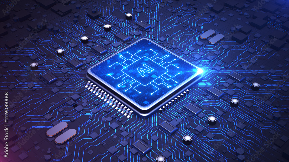Aufkleber ai microchip embedded in an intricate blue circuit board, advanced artificial intelligence, futurist