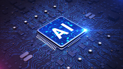 Futuristic AI chip with a brain-shaped circuit design glowing on a high-tech blue circuit board, Artificial intelligence, and neural computing systems. Big data transmission background 3d Rendering